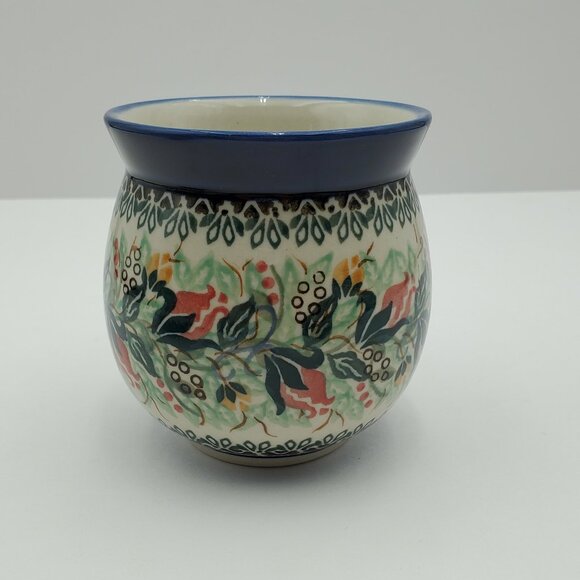 Polish Pottery Rose Bud Roundup Bubble Mug Red Yellow Flowers Blue Green Leaves - Picture 3 of 10